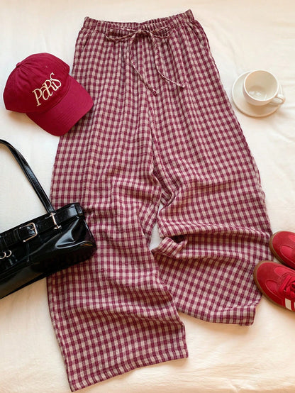 Comfortcana Women's Autumn Cute Plaid Drawstring Waist Pants,Basic Pink Gingham Picnic Trousers,Casual Everyday Loungewear,Cottagecore Back-To-School Brunch