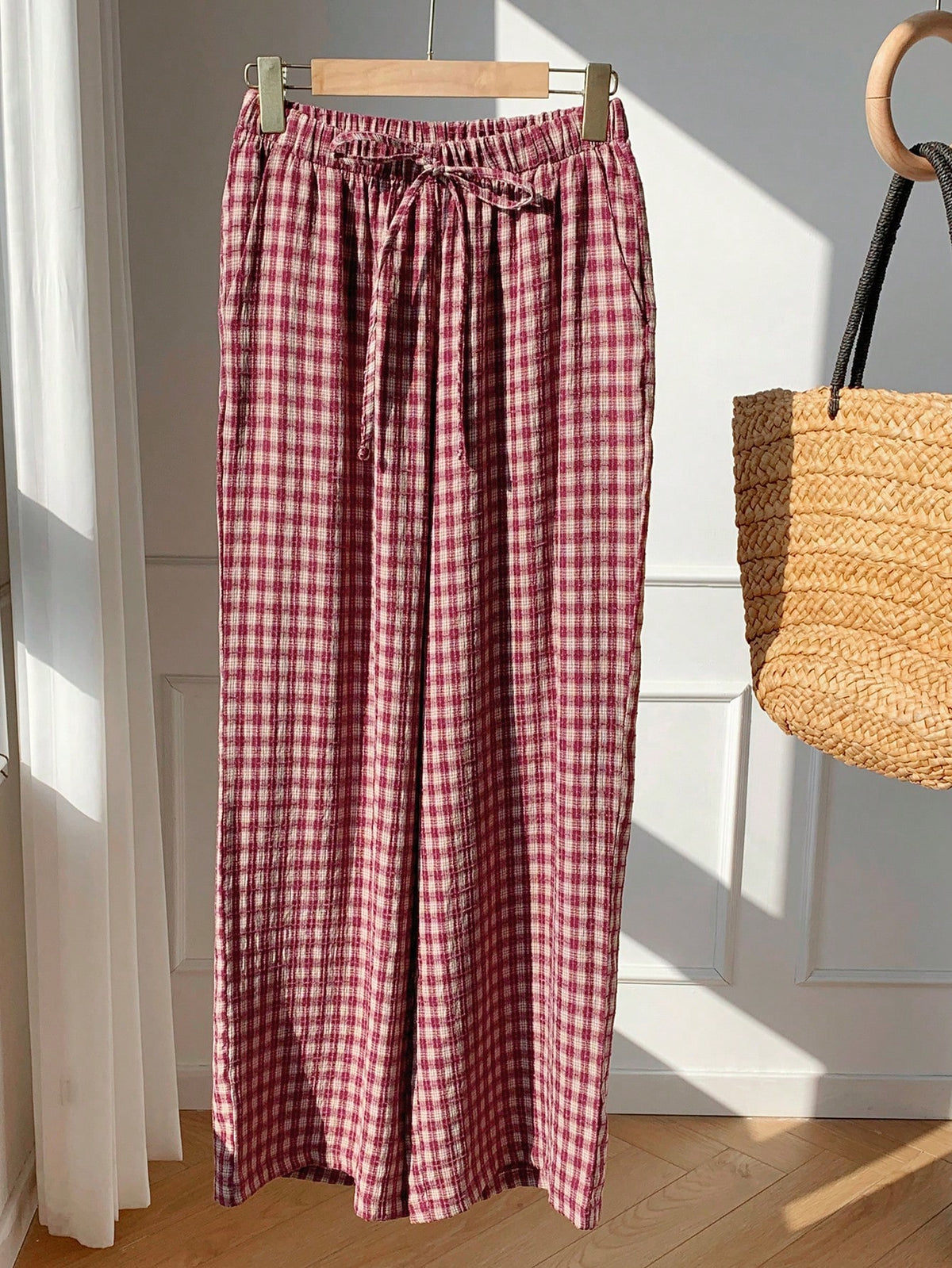 Comfortcana Women's Autumn Cute Plaid Drawstring Waist Pants,Basic Pink Gingham Picnic Trousers,Casual Everyday Loungewear,Cottagecore Back-To-School Brunch
