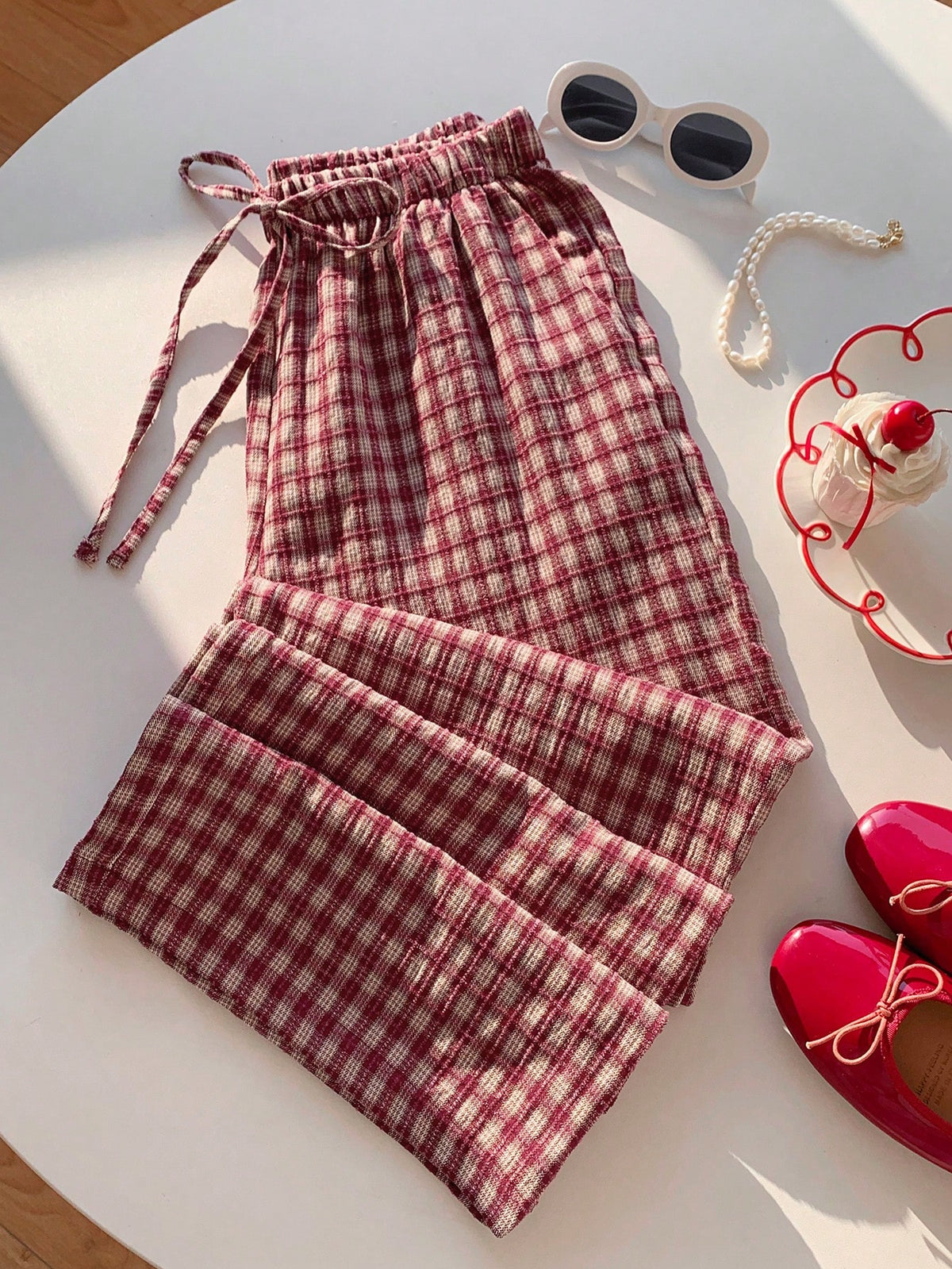 Comfortcana Women's Autumn Cute Plaid Drawstring Waist Pants,Basic Pink Gingham Picnic Trousers,Casual Everyday Loungewear,Cottagecore Back-To-School Brunch