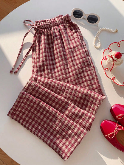 Comfortcana Women's Autumn Cute Plaid Drawstring Waist Pants,Basic Pink Gingham Picnic Trousers,Casual Everyday Loungewear,Cottagecore Back-To-School Brunch