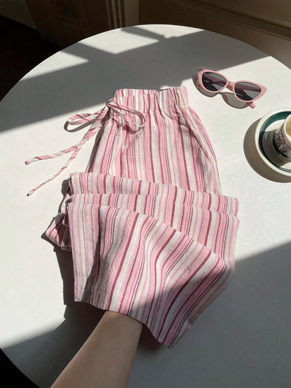 Comfortcana Women's Autumn Cute Plaid Drawstring Waist Pants,Basic Pink Gingham Picnic Trousers,Casual Everyday Loungewear,Cottagecore Back-To-School Brunch