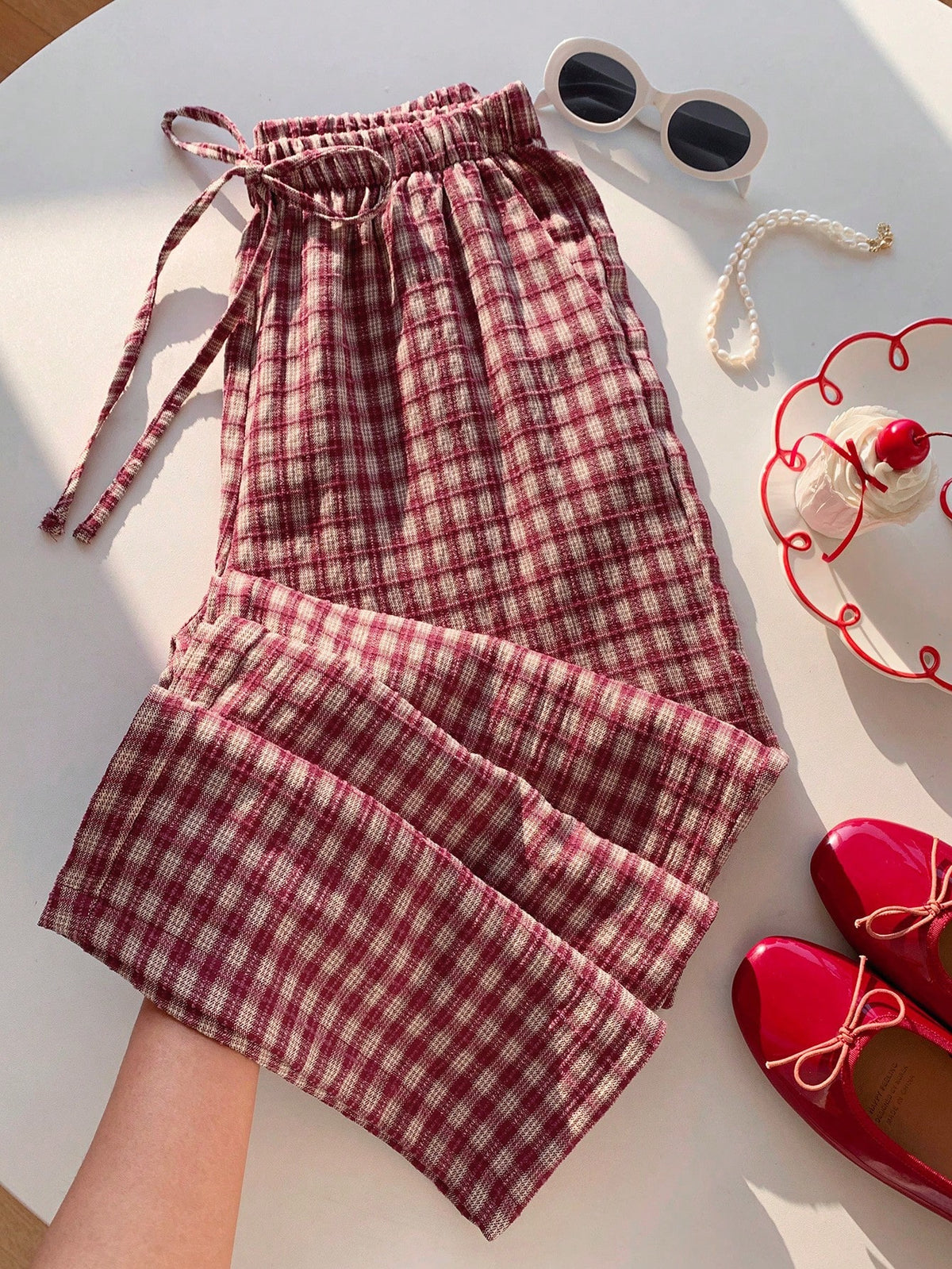 Comfortcana Women's Autumn Cute Plaid Drawstring Waist Pants,Basic Pink Gingham Picnic Trousers,Casual Everyday Loungewear,Cottagecore Back-To-School Brunch