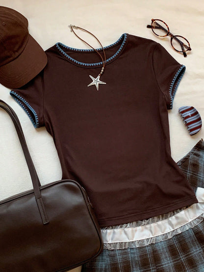 Comfortcana Women's Contrast Trim Round Neck Short Sleeve Brown Striped T-Shirt,Summer Casual 90s School Back-To-School Top,Y2k Versatile Checkered School