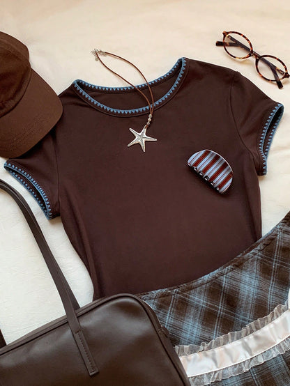 Comfortcana Women's Contrast Trim Round Neck Short Sleeve Brown Striped T-Shirt,Summer Casual 90s School Back-To-School Top,Y2k Versatile Checkered School