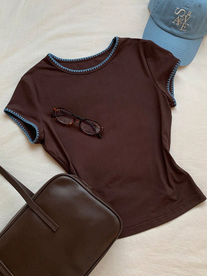 Comfortcana Women's Contrast Trim Round Neck Short Sleeve Brown Striped T-Shirt,Summer Casual 90s School Back-To-School Top,Y2k Versatile Checkered School