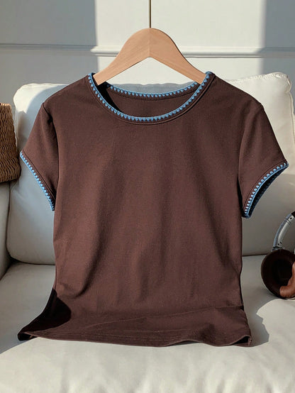 Comfortcana Women's Contrast Trim Round Neck Short Sleeve Brown Striped T-Shirt,Summer Casual 90s School Back-To-School Top,Y2k Versatile Checkered School