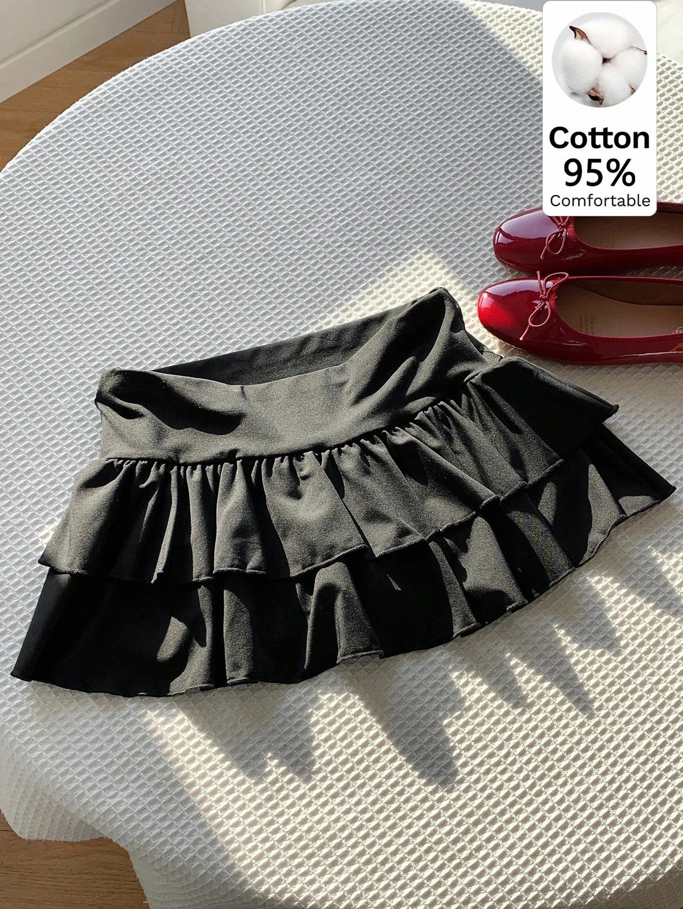 Comfortcana Women's Solid Color Double Ruffle Hem A-Line Skirt, Suitable For Summer Back-To-School Bday Birthday Black Cute