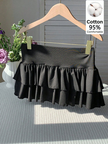 Comfortcana Women's Solid Color Double Ruffle Hem A-Line Skirt, Suitable For Summer Back-To-School Bday Birthday Black Cute