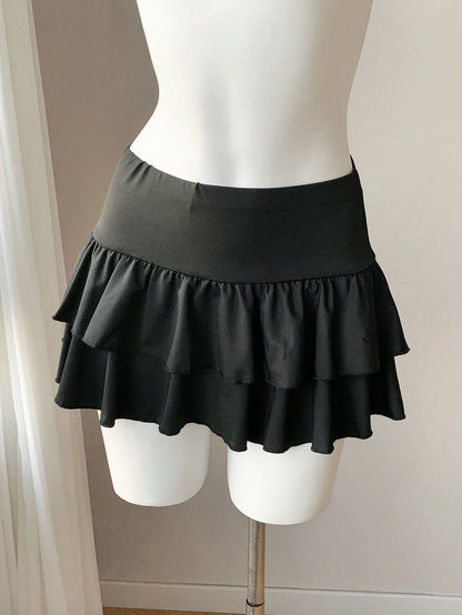 Comfortcana Women's Solid Color Double Ruffle Hem A-Line Skirt, Suitable For Summer Back-To-School Bday Birthday Black Cute
