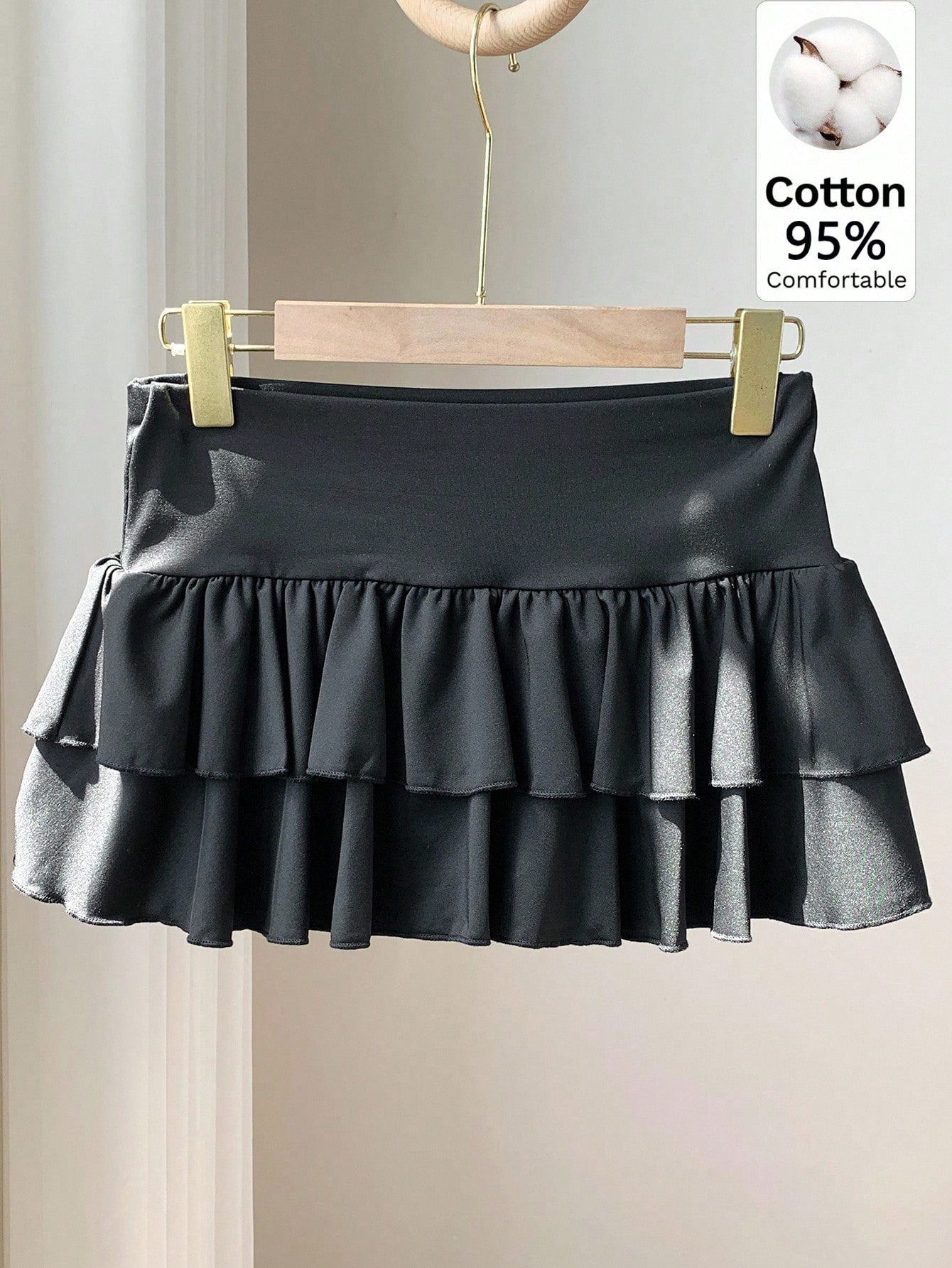 Comfortcana Women's Solid Color Double Ruffle Hem A-Line Skirt, Suitable For Summer Back-To-School Bday Birthday Black Cute