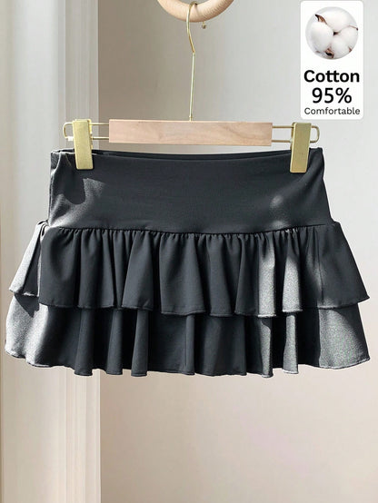 Comfortcana Women's Solid Color Double Ruffle Hem A-Line Skirt, Suitable For Summer Back-To-School Bday Birthday Black Cute