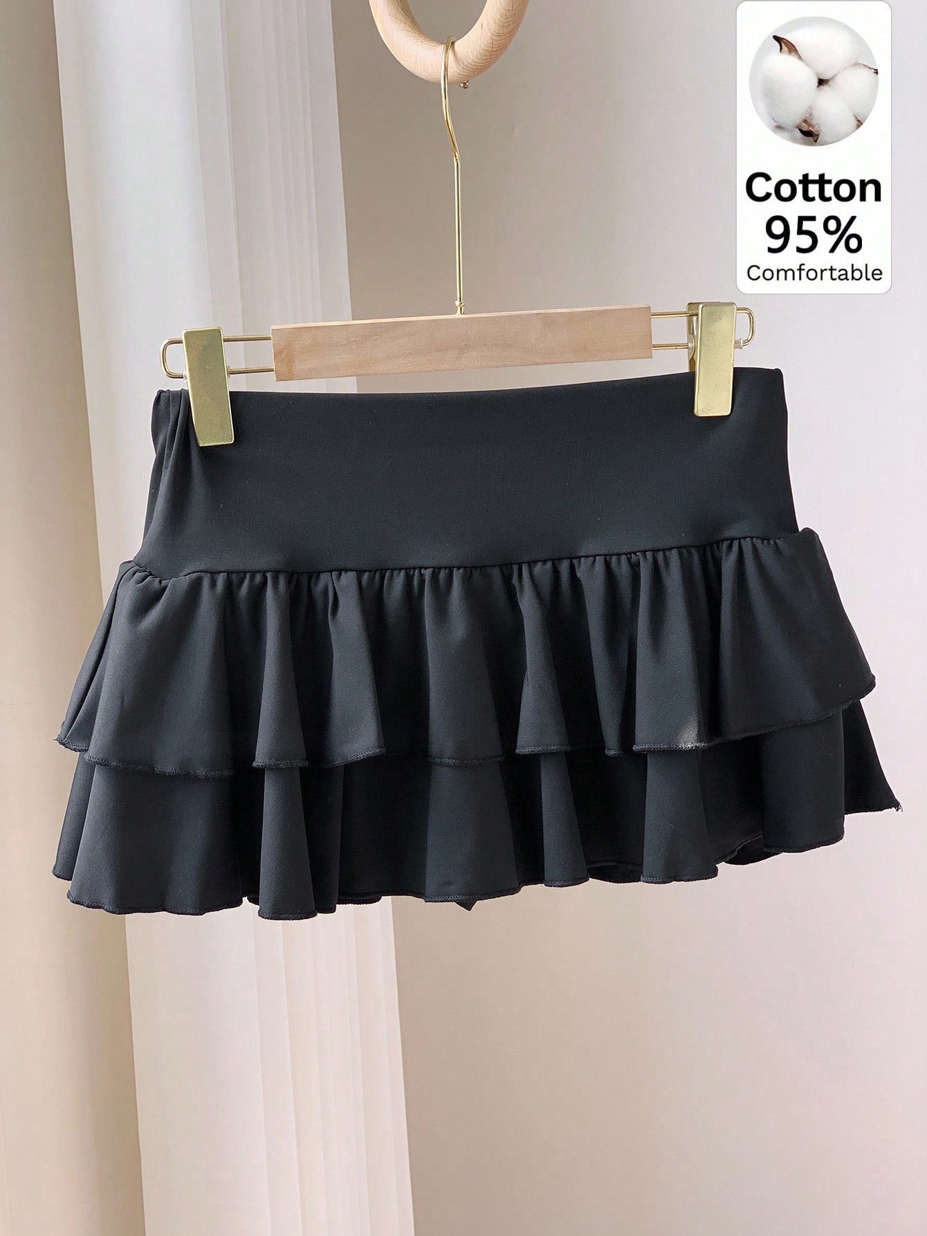 Comfortcana Women's Solid Color Double Ruffle Hem A-Line Skirt, Suitable For Summer Back-To-School Bday Birthday Black Cute