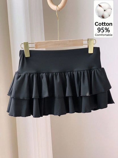 Comfortcana Women's Solid Color Double Ruffle Hem A-Line Skirt, Suitable For Summer Back-To-School Bday Birthday Black Cute