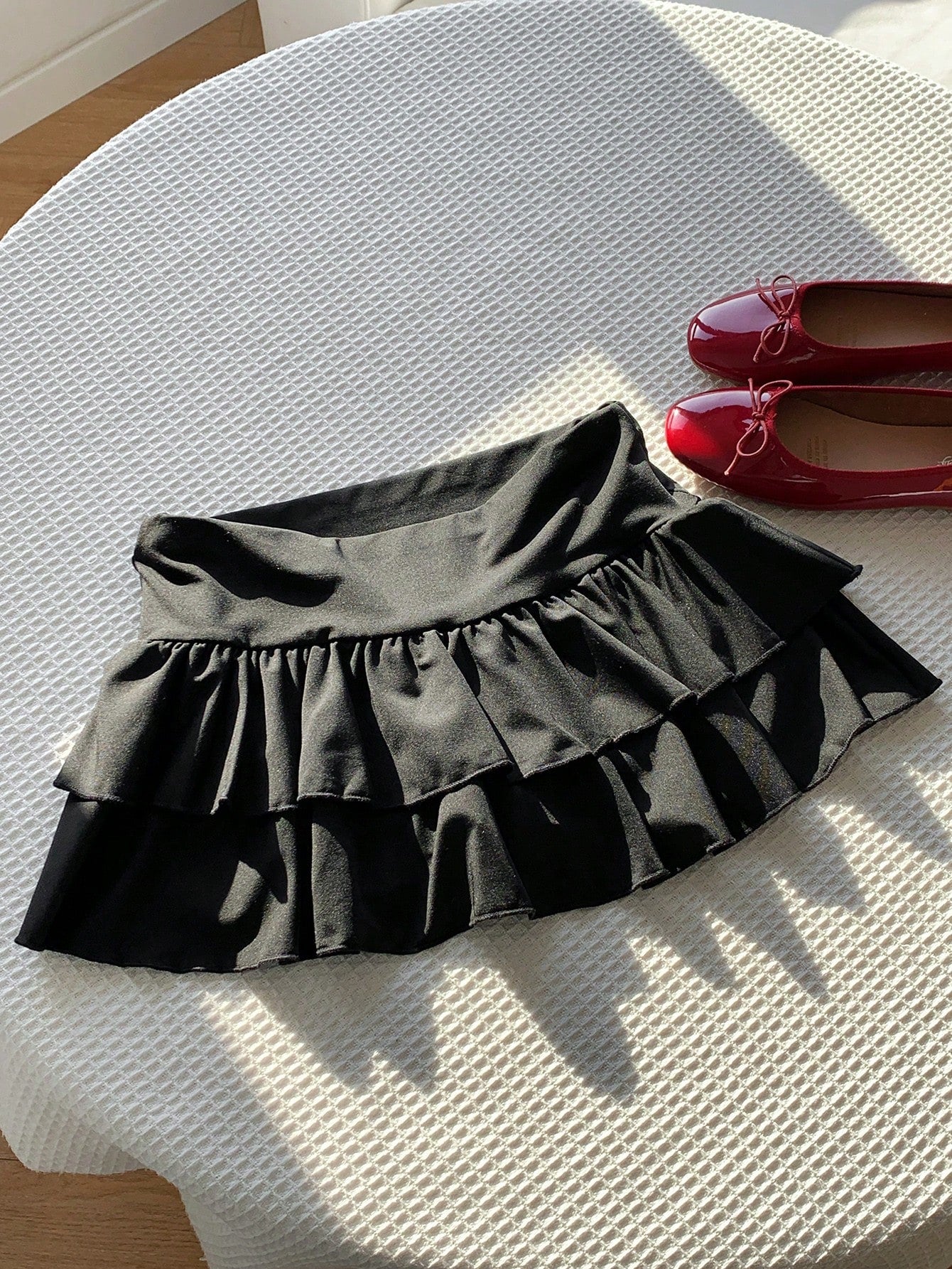 Comfortcana Women's Solid Color Double Ruffle Hem A-Line Skirt, Suitable For Summer Back-To-School Bday Birthday Black Cute