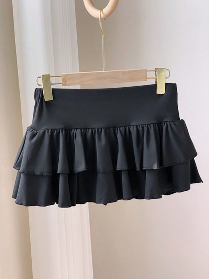 Comfortcana Women's Solid Color Double Ruffle Hem A-Line Skirt, Suitable For Summer Back-To-School Bday Birthday Black Cute