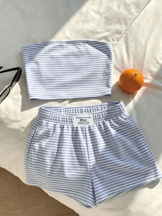 Comfortcana Women's Summer Blue White Stripe Striped Bandeau Top And Shorts Set,Casual Loungewear Minimalist Daily Versatile Outfit For Party,Airport,Vacation