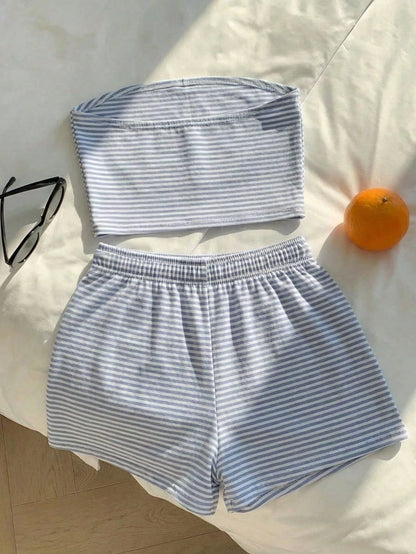 Comfortcana Women's Summer Blue White Stripe Striped Bandeau Top And Shorts Set,Casual Loungewear Minimalist Daily Versatile Outfit For Party,Airport,Vacation