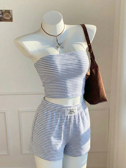 Comfortcana Women's Summer Blue White Stripe Striped Bandeau Top And Shorts Set,Casual Loungewear Minimalist Daily Versatile Outfit For Party,Airport,Vacation