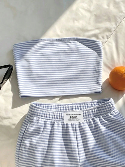 Comfortcana Women's Summer Blue White Stripe Striped Bandeau Top And Shorts Set,Casual Loungewear Minimalist Daily Versatile Outfit For Party,Airport,Vacation