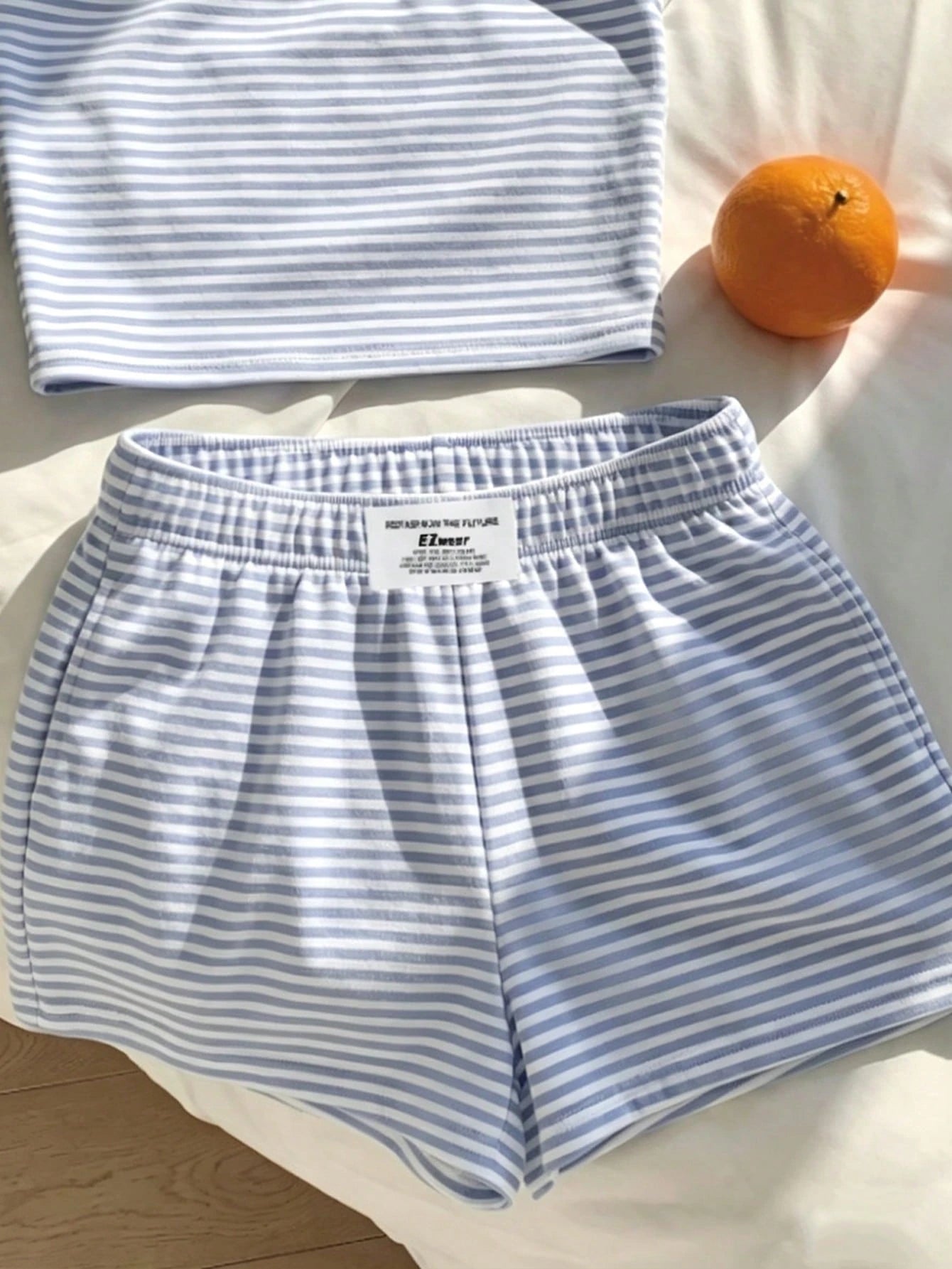 Comfortcana Women's Summer Blue White Stripe Striped Bandeau Top And Shorts Set,Casual Loungewear Minimalist Daily Versatile Outfit For Party,Airport,Vacation