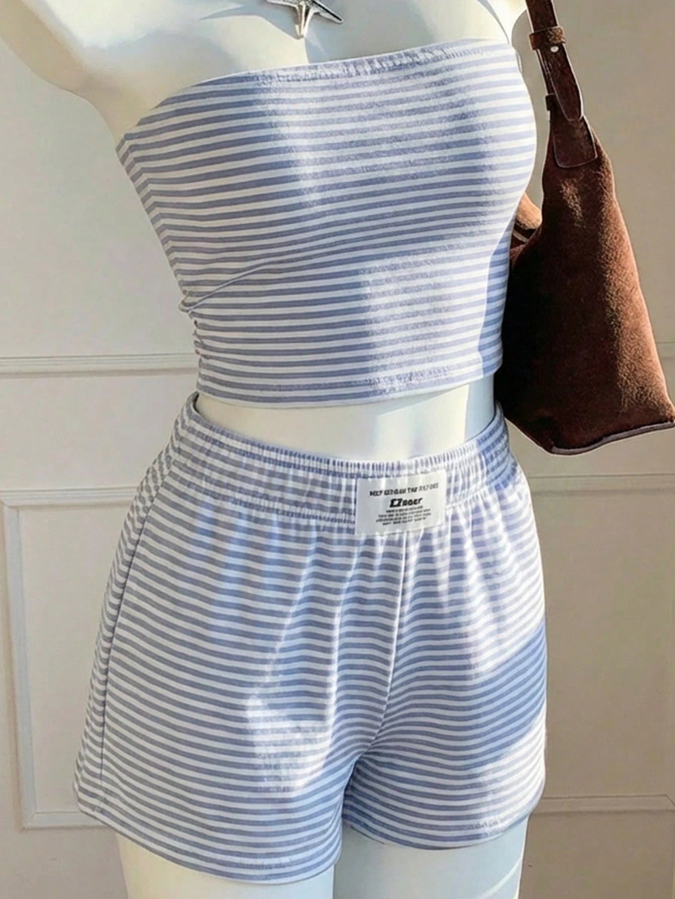 Comfortcana Women's Summer Blue White Stripe Striped Bandeau Top And Shorts Set,Casual Loungewear Minimalist Daily Versatile Outfit For Party,Airport,Vacation