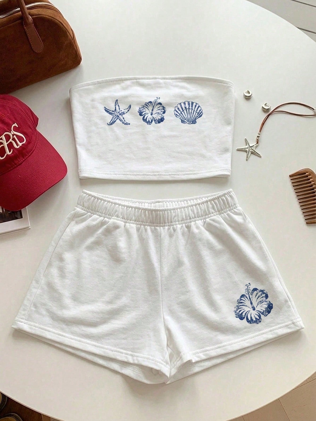 Comfortcana Women's Summer Blue White Stripe Striped Bandeau Top And Shorts Set,Casual Loungewear Minimalist Daily Versatile Outfit For Party,Airport,Vacation