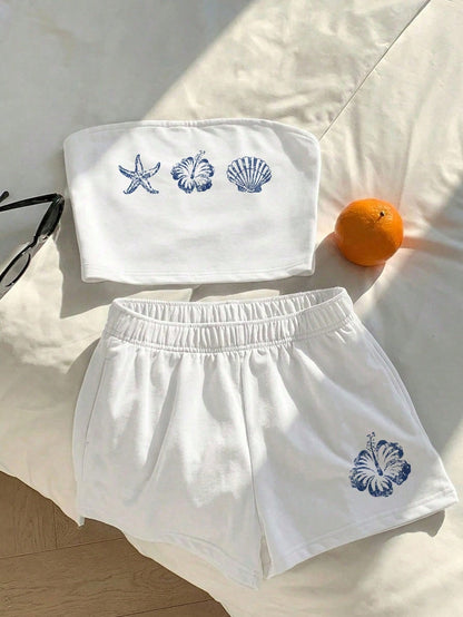 Comfortcana Women's Summer Blue White Stripe Striped Bandeau Top And Shorts Set,Casual Loungewear Minimalist Daily Versatile Outfit For Party,Airport,Vacation