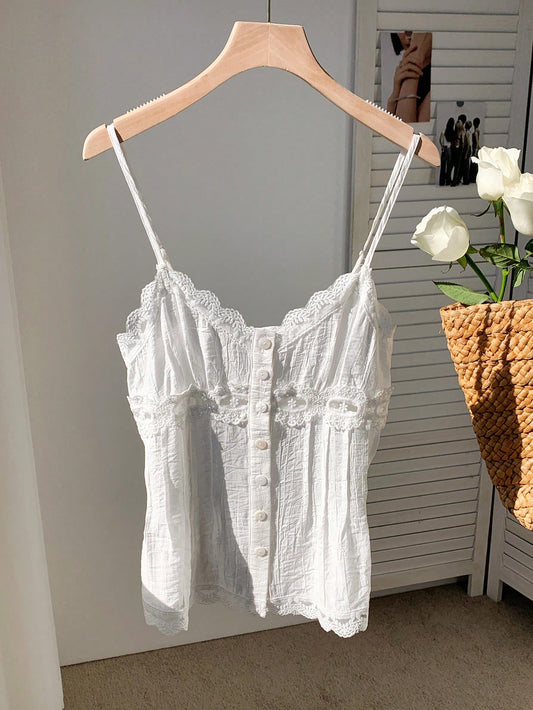Comfortcana Women Solid Color Lace Splicing Button Design Summer Camisole Top Vacation White French Romantic