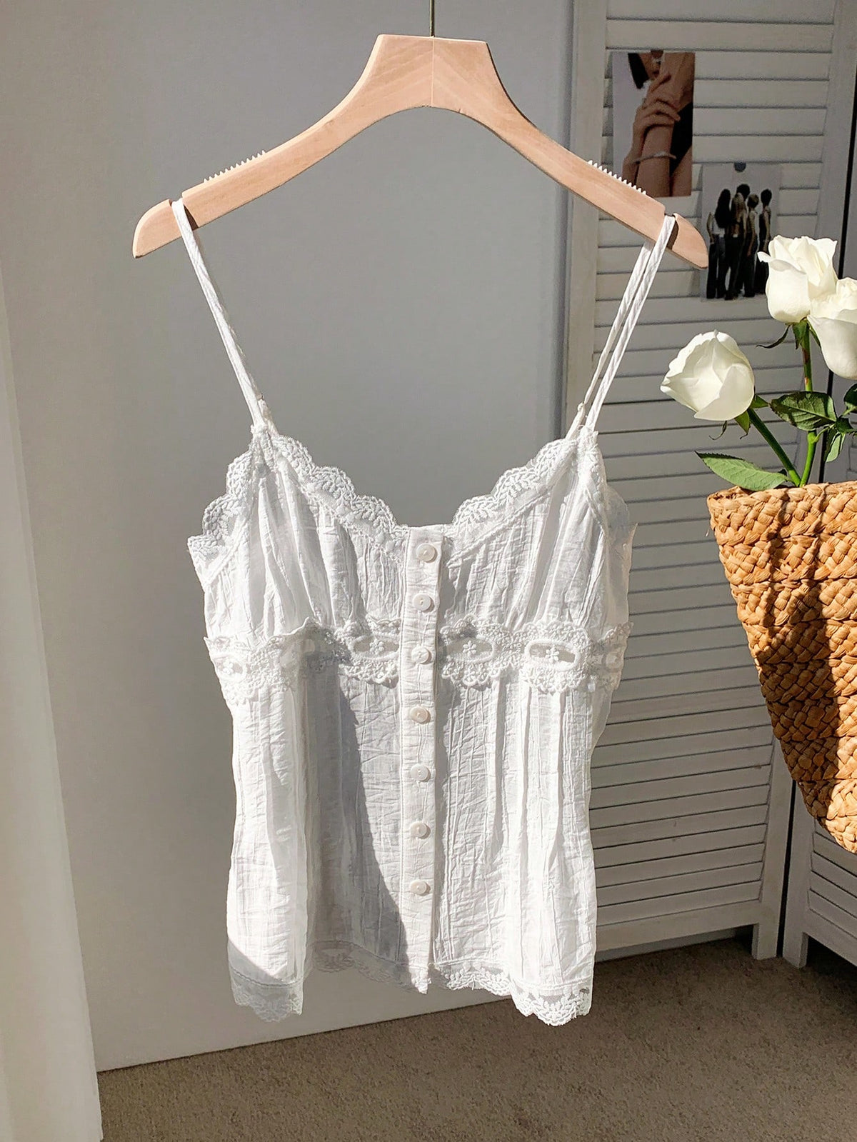Comfortcana Women Solid Color Lace Splicing Button Design Summer Camisole Top Vacation White French Romantic