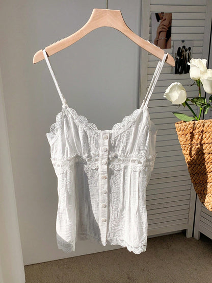 Comfortcana Women Solid Color Lace Splicing Button Design Summer Camisole Top Vacation White French Romantic