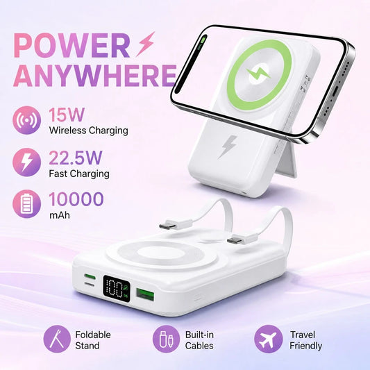 Compact White 10000mAh Magnetic Battery Pack With 15W Wireless And 22.5W Charging Output, With Percentage Battery Screen, White And Green Styling And Adjustable Hands-Free Stand, Compatible With Magne