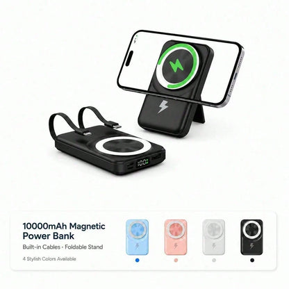 Compact White 10000mAh Magnetic Battery Pack With 15W Wireless And 22.5W Charging Output, With Percentage Battery Screen, White And Green Styling And Adjustable Hands-Free Stand, Compatible With Magne