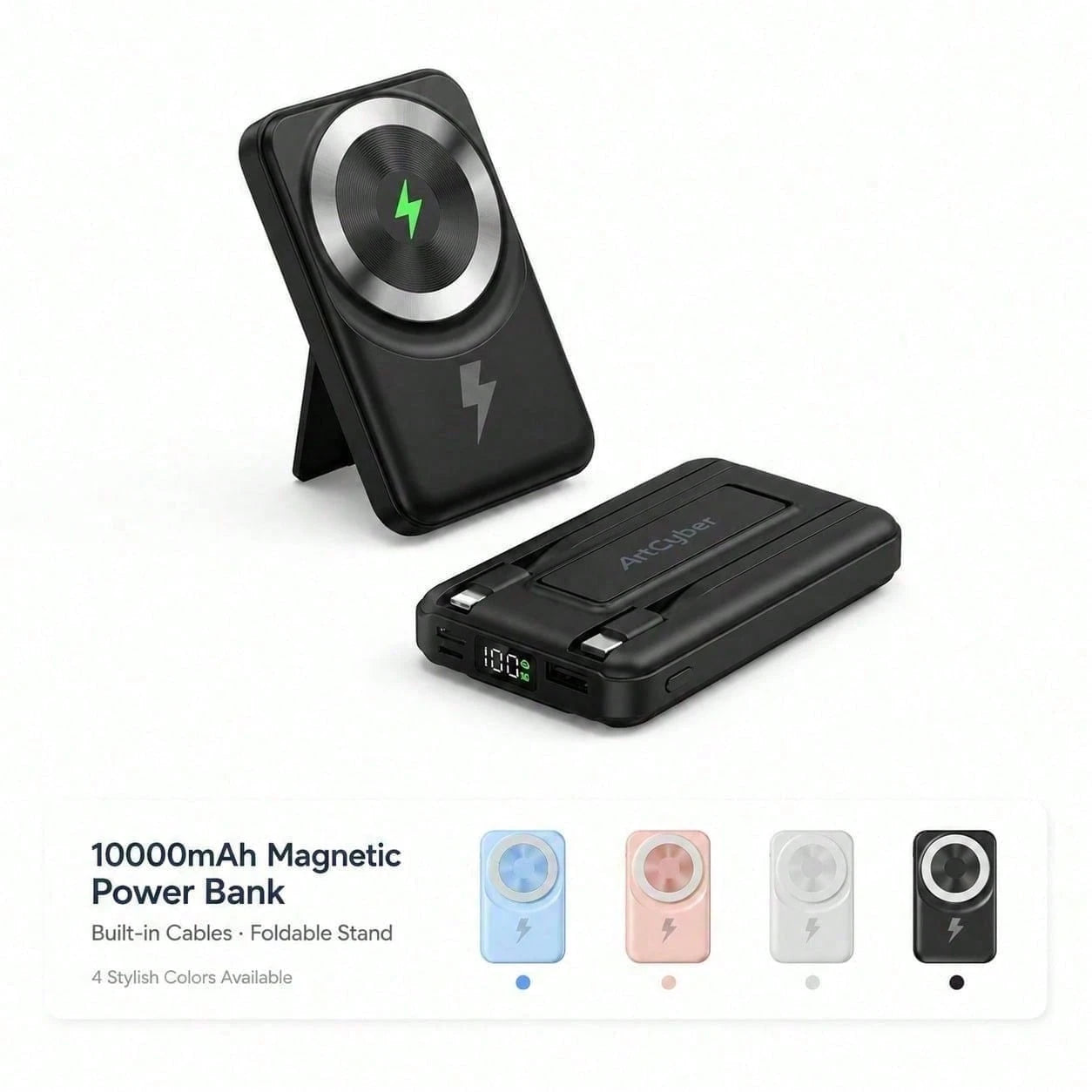 Compact White 10000mAh Magnetic Battery Pack With 15W Wireless And 22.5W Charging Output, With Percentage Battery Screen, White And Green Styling And Adjustable Hands-Free Stand, Compatible With Magne