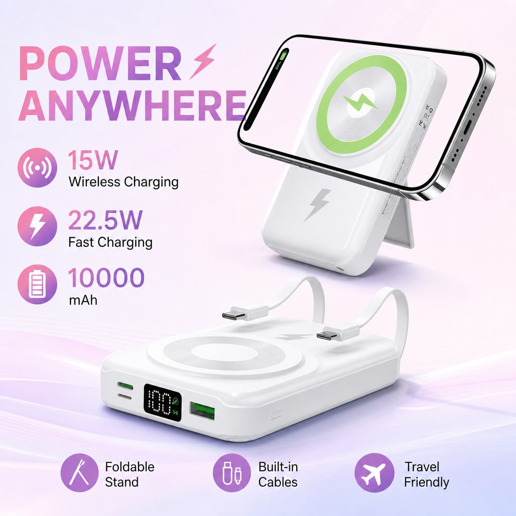 Compact White 10000mAh Magnetic Battery Pack With 15W Wireless And 22.5W Charging Output, With Percentage Battery Screen, White And Green Styling And Adjustable Hands-Free Stand, Compatible With Magne