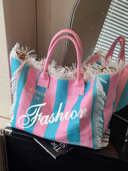 Contrast Color Dopamine Letter Print Canvas Tote Bag, Large Capacity Shoulder Bag, New Commuter Handbag For Women