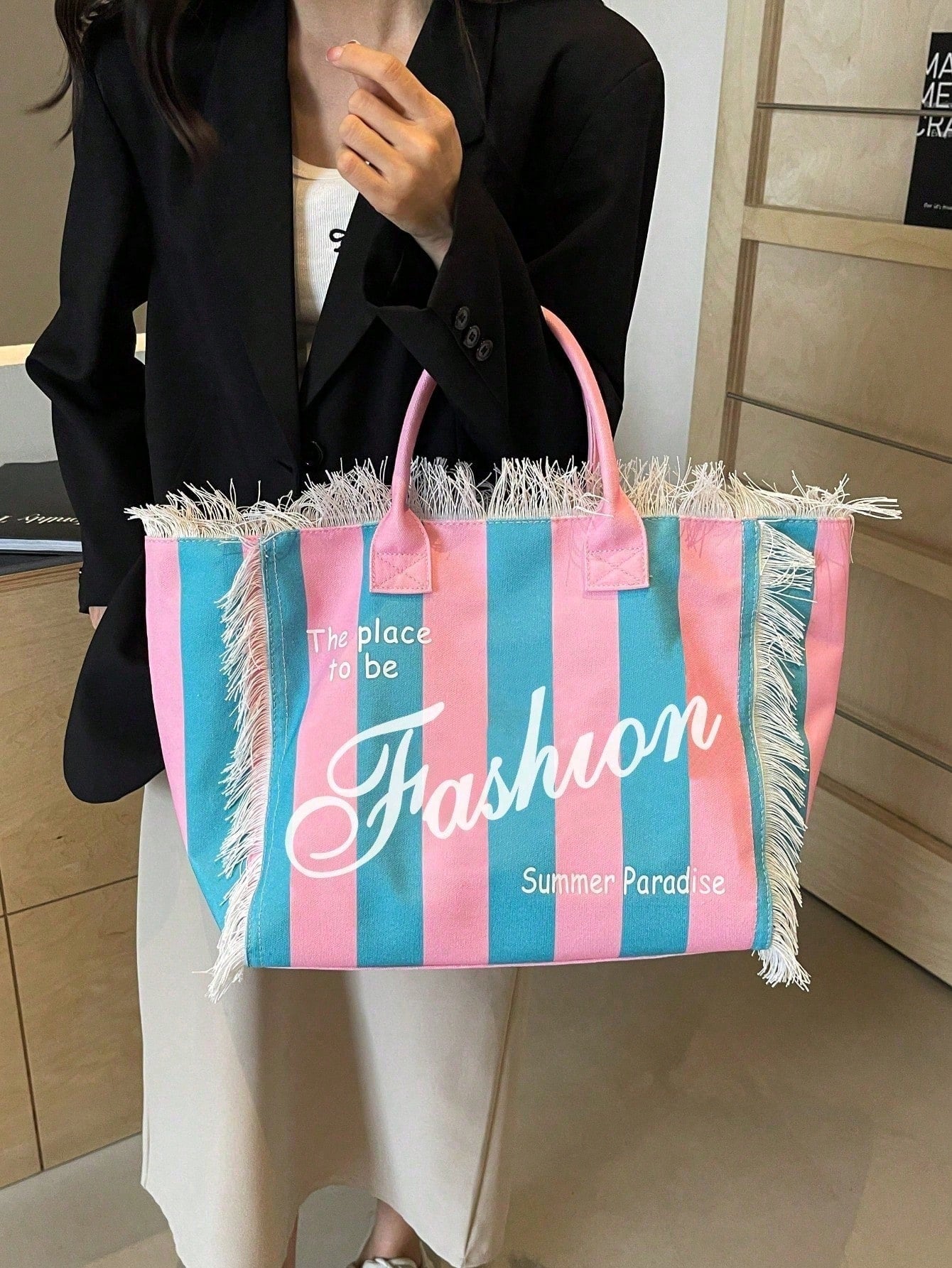 Contrast Color Dopamine Letter Print Canvas Tote Bag, Large Capacity Shoulder Bag, New Commuter Handbag For Women