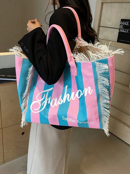 Contrast Color Dopamine Letter Print Canvas Tote Bag, Large Capacity Shoulder Bag, New Commuter Handbag For Women