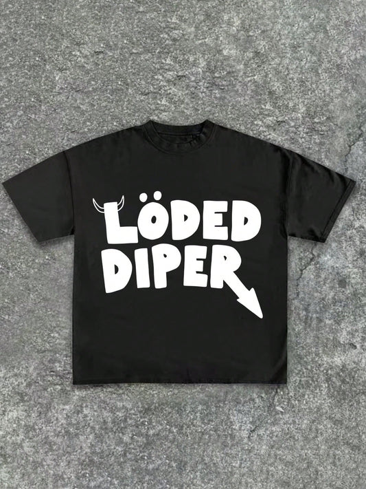 Cool Black T Shirt With Unique "LÖDED DIPER" Lettering Casual Soft, Pure Cotton 220g Pattern Printed T-Shirt
