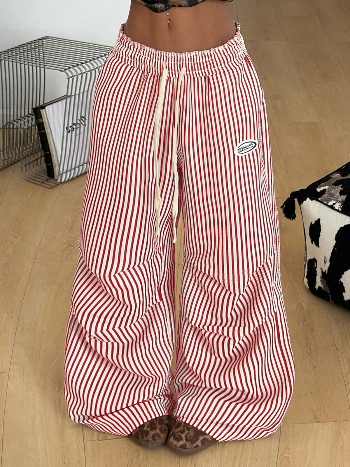 Coolane Autumn Outfits For Women Streetwear Casual Basic Blue And White Stripe Striped Wide Leg Pants, Casual Pants Independence Day Vacation