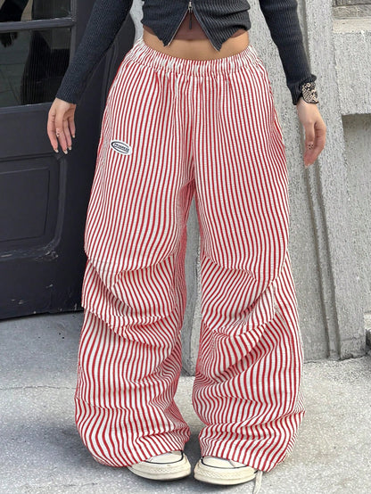 Coolane Autumn Outfits For Women Streetwear Casual Basic Blue And White Stripe Striped Wide Leg Pants, Casual Pants Independence Day Vacation