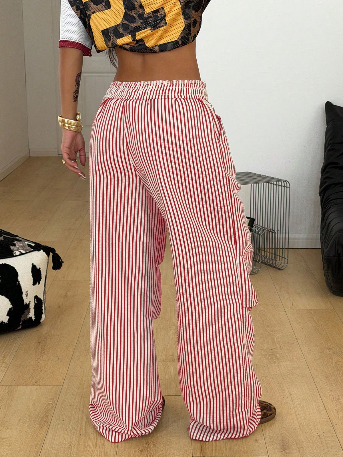 Coolane Autumn Outfits For Women Streetwear Casual Basic Blue And White Stripe Striped Wide Leg Pants, Casual Pants Independence Day Vacation