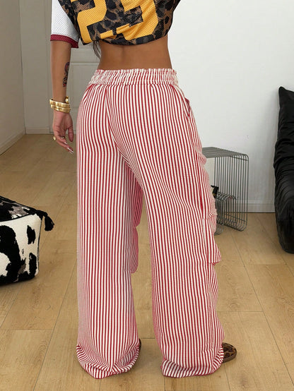 Coolane Autumn Outfits For Women Streetwear Casual Basic Blue And White Stripe Striped Wide Leg Pants, Casual Pants Independence Day Vacation