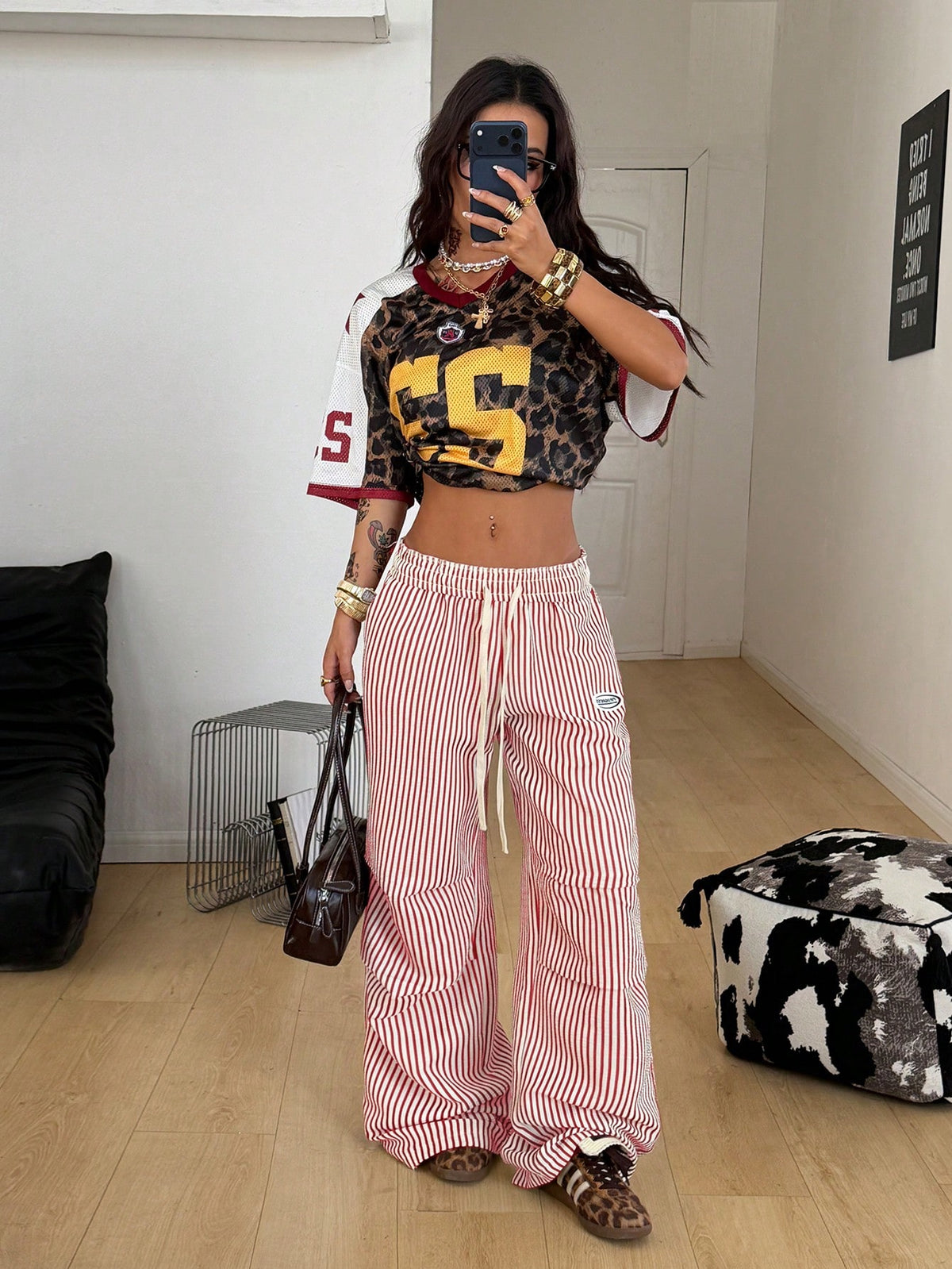 Coolane Autumn Outfits For Women Streetwear Casual Basic Blue And White Stripe Striped Wide Leg Pants, Casual Pants Independence Day Vacation