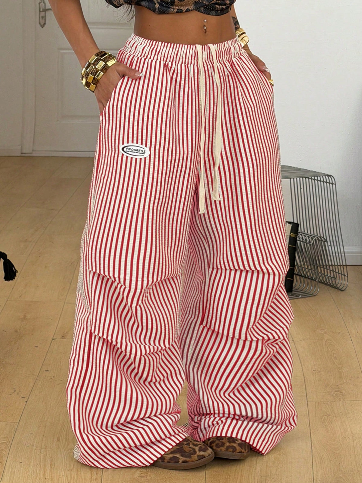 Coolane Autumn Outfits For Women Streetwear Casual Basic Blue And White Stripe Striped Wide Leg Pants, Casual Pants Independence Day Vacation