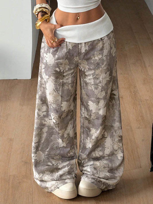 Coolane Summer For Women Streetwear Going Out Work Everyday Holiday Birthday Casual Y2K Tree Branch Pattern Graphics Turn-Down Trousers Wide Leg Light Grey