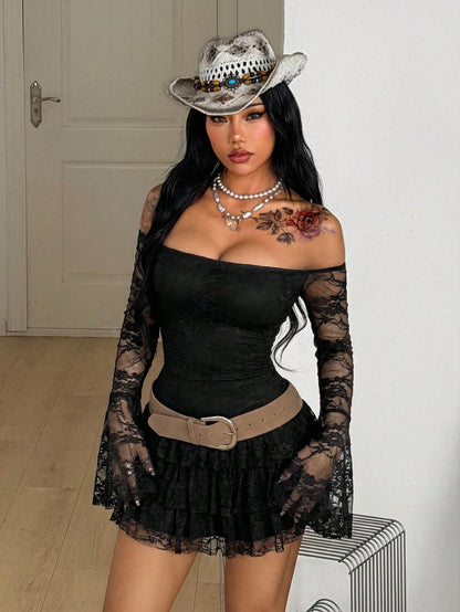 Coolane Women's Autumn Streetwear Sexy Hippie Boho Beach Night Out Outfits Vacation Break Fairycore Long Sleeve Off The Shoulder Black Lace Mini Ruffle Dress