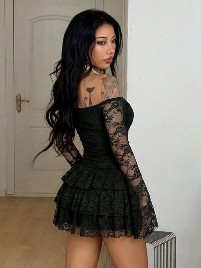 Coolane Women's Autumn Streetwear Sexy Hippie Boho Beach Night Out Outfits Vacation Break Fairycore Long Sleeve Off The Shoulder Black Lace Mini Ruffle Dress