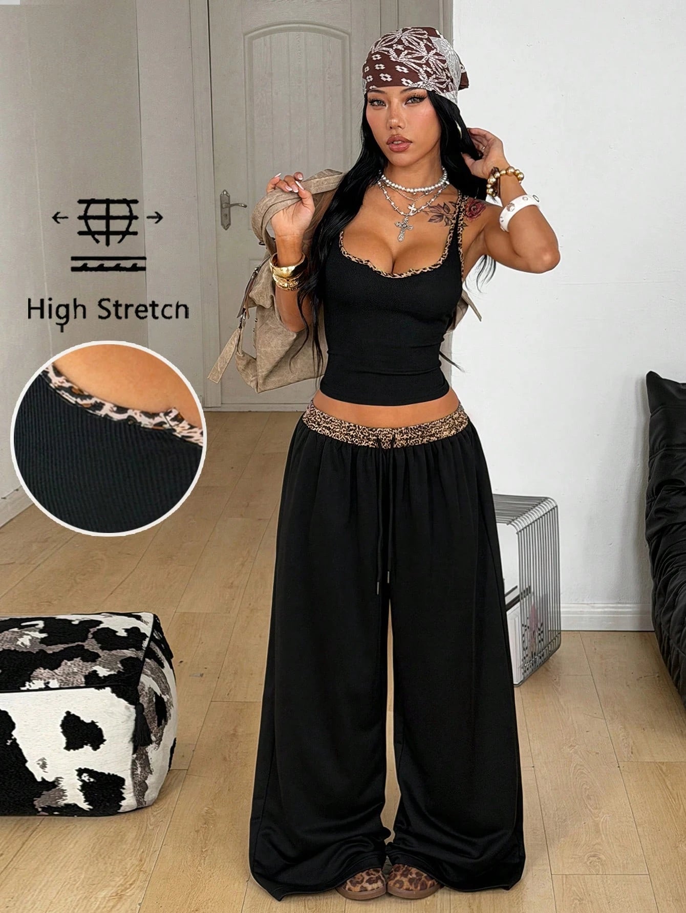 Coolane Women's Black Summer Casual Streetwear Night Out Y2K Concert Outfit Gyaru Notched Corset Stretchy Vest And Baggy Low Rise Pants Two Pieces Outfits