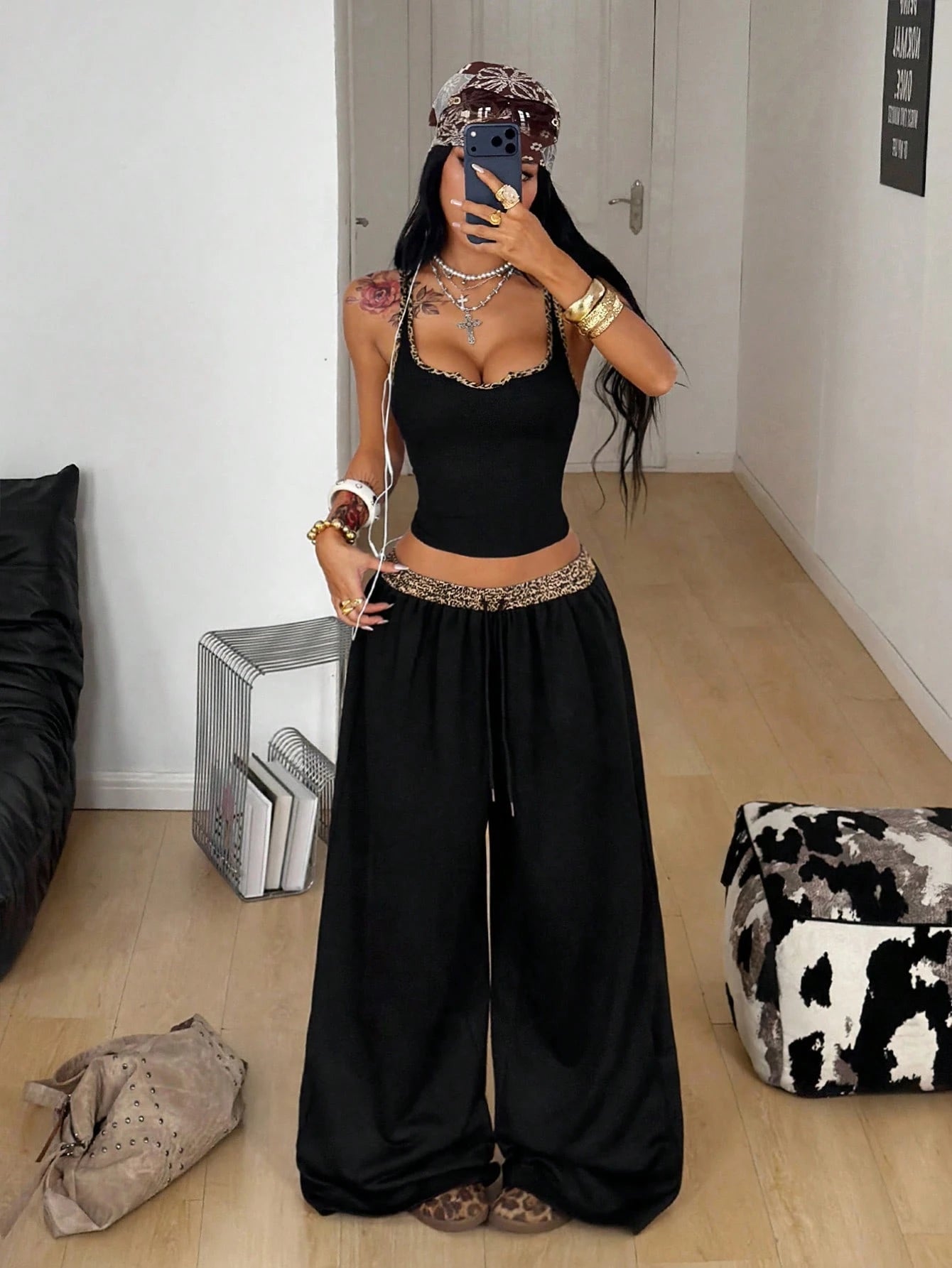 Coolane Women's Black Summer Casual Streetwear Night Out Y2K Concert Outfit Gyaru Notched Corset Stretchy Vest And Baggy Low Rise Pants Two Pieces Outfits