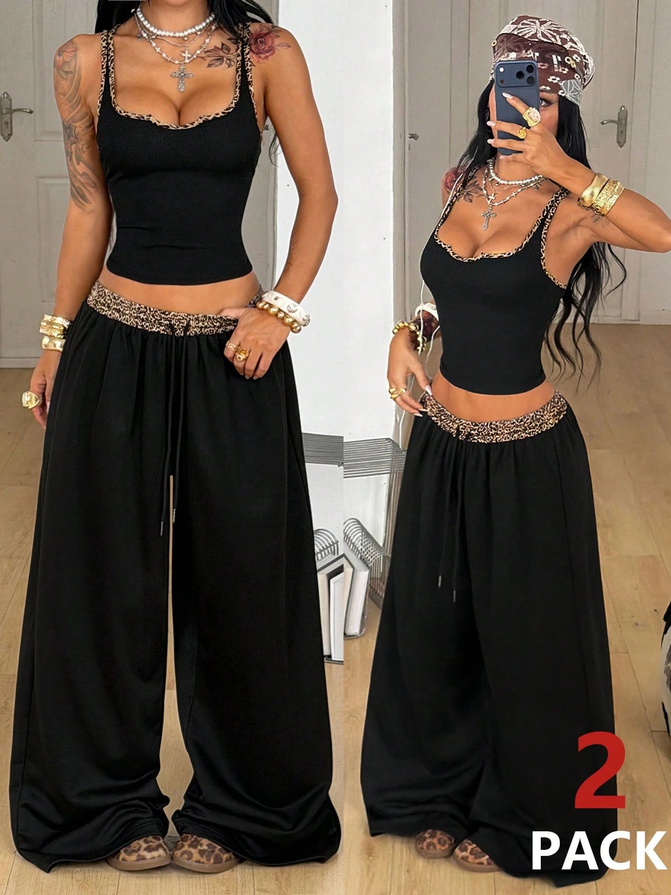 Coolane Women's Black Summer Casual Streetwear Night Out Y2K Concert Outfit Gyaru Notched Corset Stretchy Vest And Baggy Low Rise Pants Two Pieces Outfits
